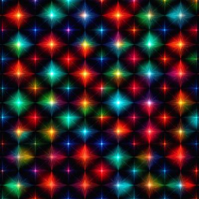 The primary subject of the image is a colorful, geometric pattern. The setting is a black background, which contrasts with the vibrant colors of the pattern. The visual style is a combination of digital art and illustration, creating a dynamic and eye-catching design. The dominant colors are red, green, and blue, which together create a lively and energetic atmosphere.